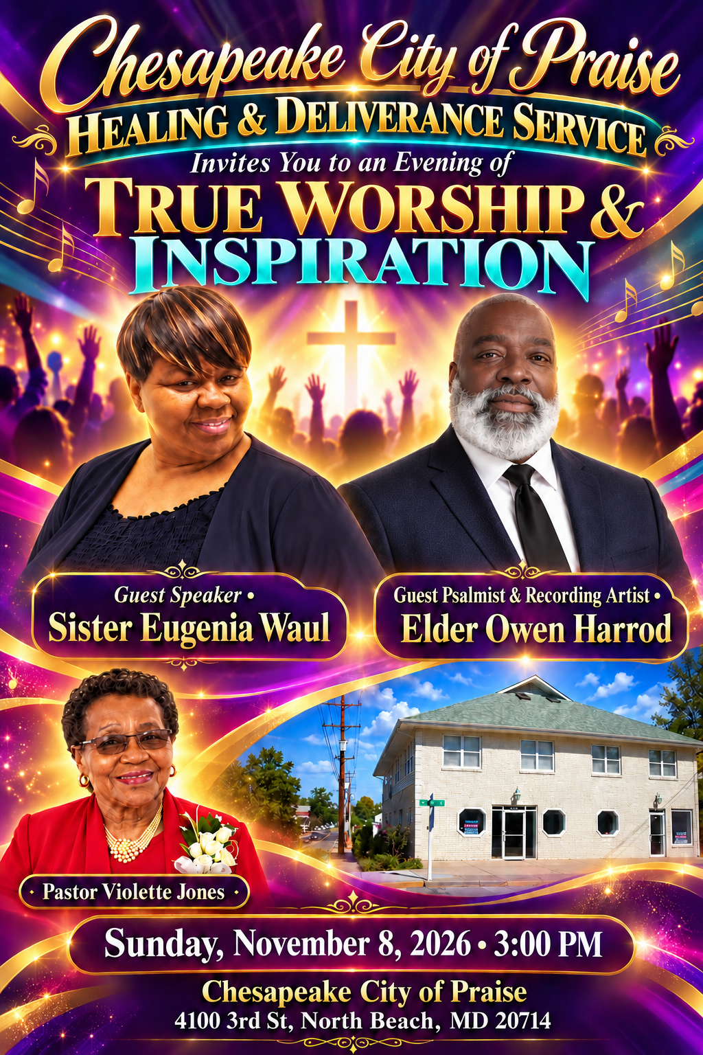 Chesapeake City of Praise Healing and Deliverance Service — An Evening of True Worship and Inspiration featuring Guest Speaker Sister Eugenia Waul and Guest Psalmist and Recording Artist Elder Owen Harrod — Sunday November 8 2026 at 3:00 PM, 4100 3rd St, North Beach MD 20714