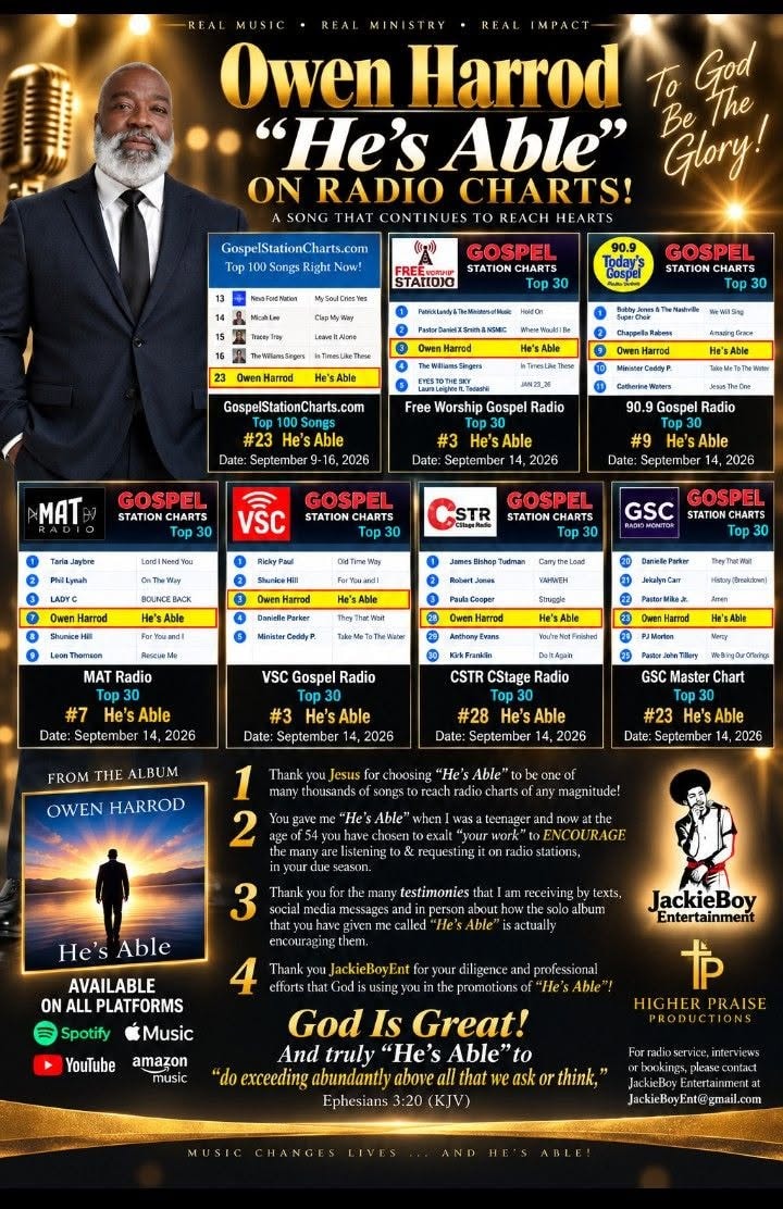 Owen Harrod "He's Able" gospel radio chart milestone — September 2026